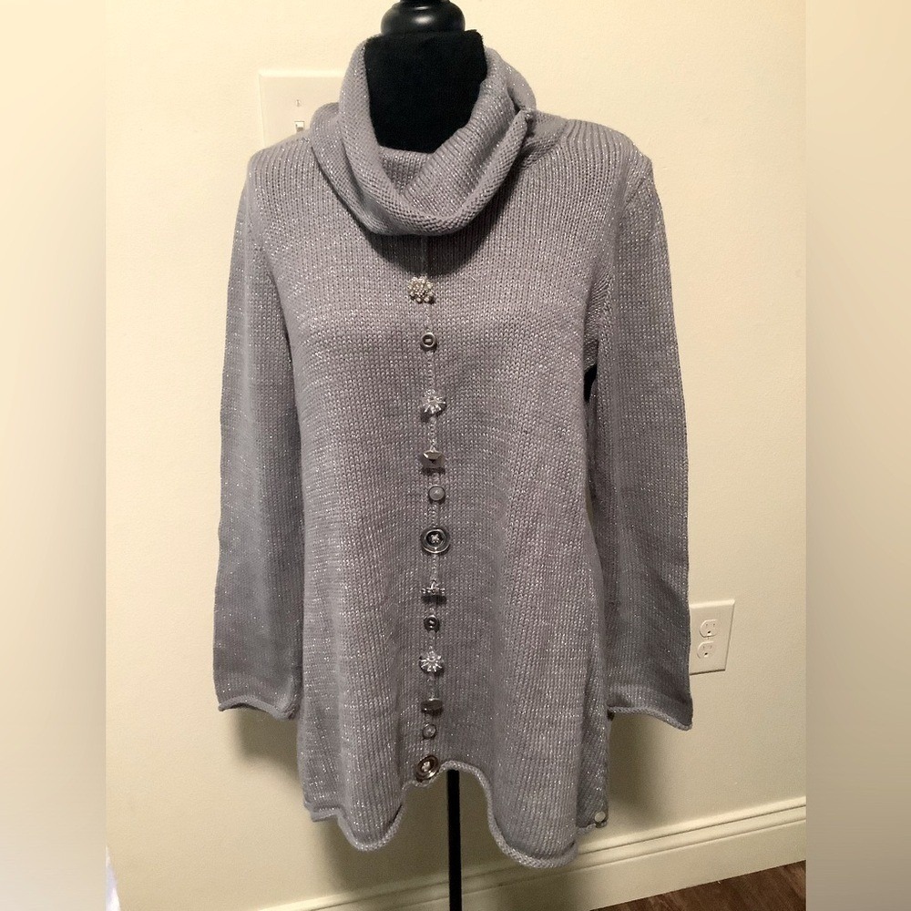 Pure Handknit s/m p/m women's gray cowl neck 100% cotton pullover sweater